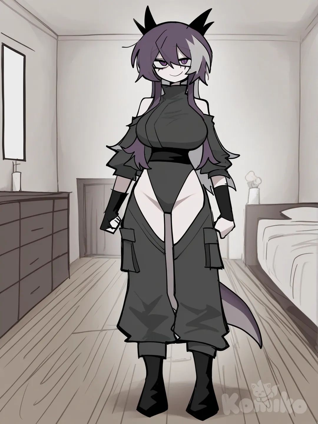 1girl, long hair, light gray hair, dark purple inner hair, purple eyes, ((x-shaped pupils)), large breasts, layered clothes, smile, wooden floor, bedroom, front view, looking at viewer, cargo pants, dark grey leotard, shoulder cutout, cowlick, hair over shoulder, dragon tail, dragon horns, standing, white wall, detached sleeves, shinobi, shinobi pants, [pop-sketch-style]
