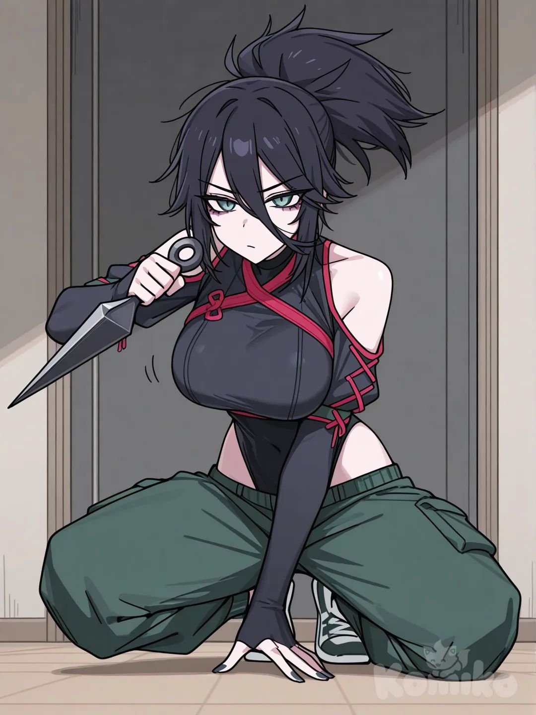 @Akali, black highleg leotard, cargo pants, bedroom, elbow gloves, detached sleeves, shoulder cutout, holding kunai, manga cover, fusion, @Briar_(League_Of_Legends), alternate costume, large breasts, [toon-shaded-style], cross-laced sleeves, on one knee, sneakers, hips cutout, lineart, sketch, clea