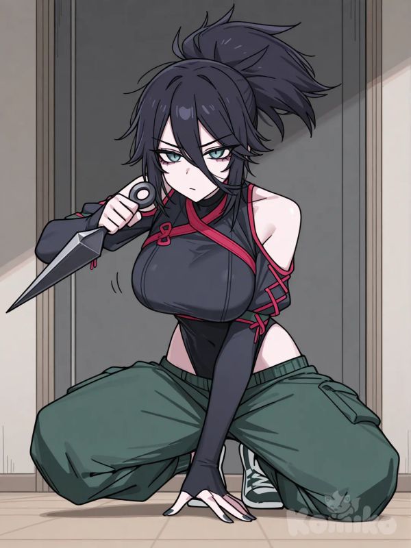 @Akali, black highleg leotard, cargo pants, bedroom, elbow gloves, detached sleeves, shoulder cutout, holding kunai, manga cover, fusion, @Briar_(League_Of_Legends), alternate costume, large breasts, [toon-shaded-style], cross-laced sleeves, on one knee, sneakers, hips cutout, lineart, sketch, clea