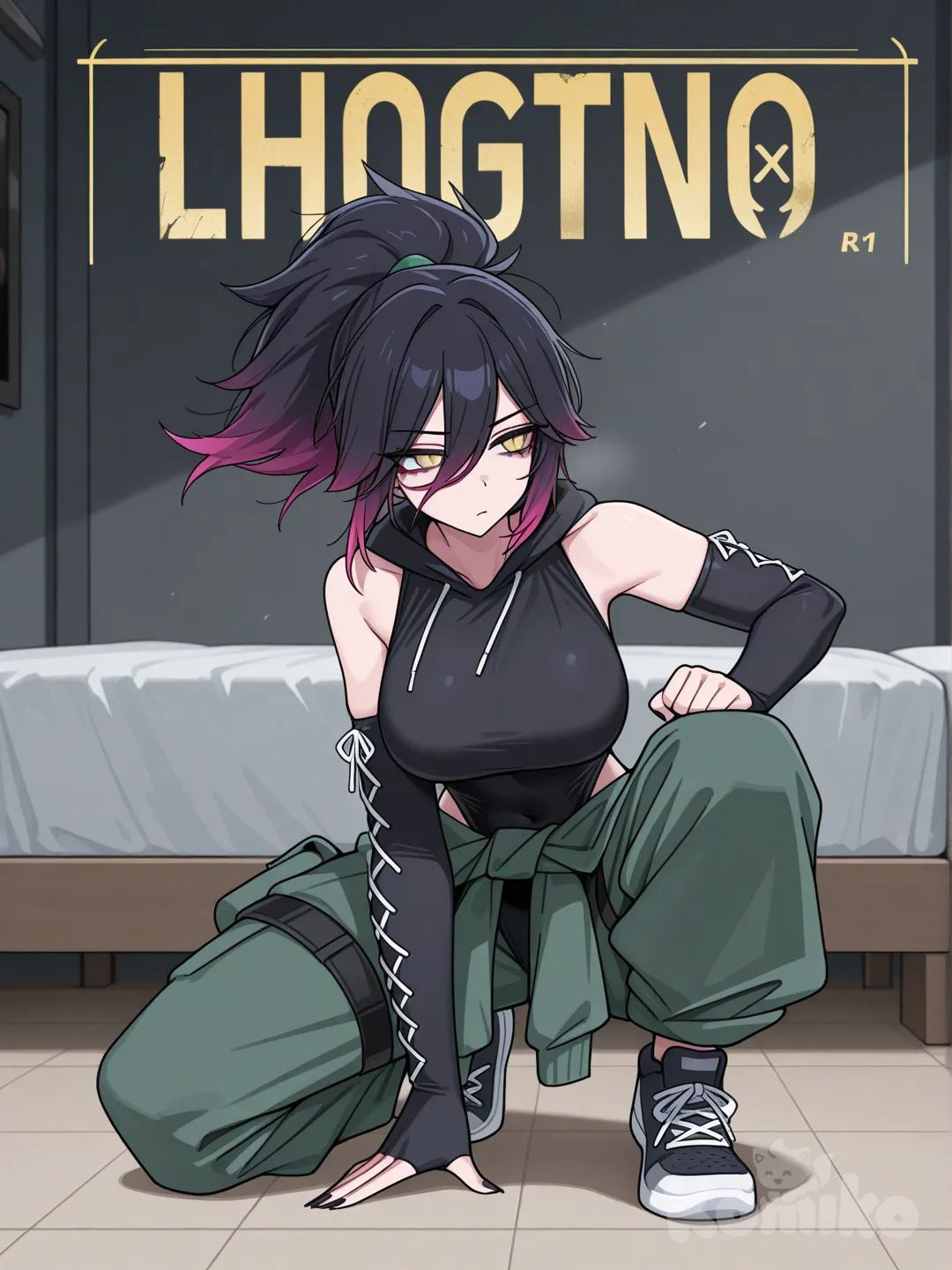@Akali, black highleg leotard, cargo pants, bedroom, elbow gloves, detached sleeves, shoulder cutout, manga cover, fusion, @Briar_(League_Of_Legends), alternate costume, large breasts, cross-laced sleeves, on one knee, sneakers, tied hoodie around waist, [toon-shaded-style]