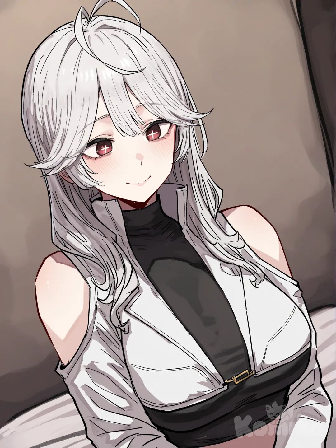 female character, around 25 years old, upper body portrait (chest up, full head visible), strong, gorgeous,

calm confident expression, crimson eyes with cross-shaped pupils, mature physique, smooth skin,

long silver hair with inner red hair, natural volume, very long face-framing strands, strands resting over the shoulders and reaching the chest, cowlick, hair between the eyes, no accessories,

black crop top (sleeveless, high neck), 

grey shrug (matte fabric, shoulder cutouts, tight sleeves), clean separation

bedroom background, dramatic contrast, stylish composition, sketch, lineart, [hentai-style]