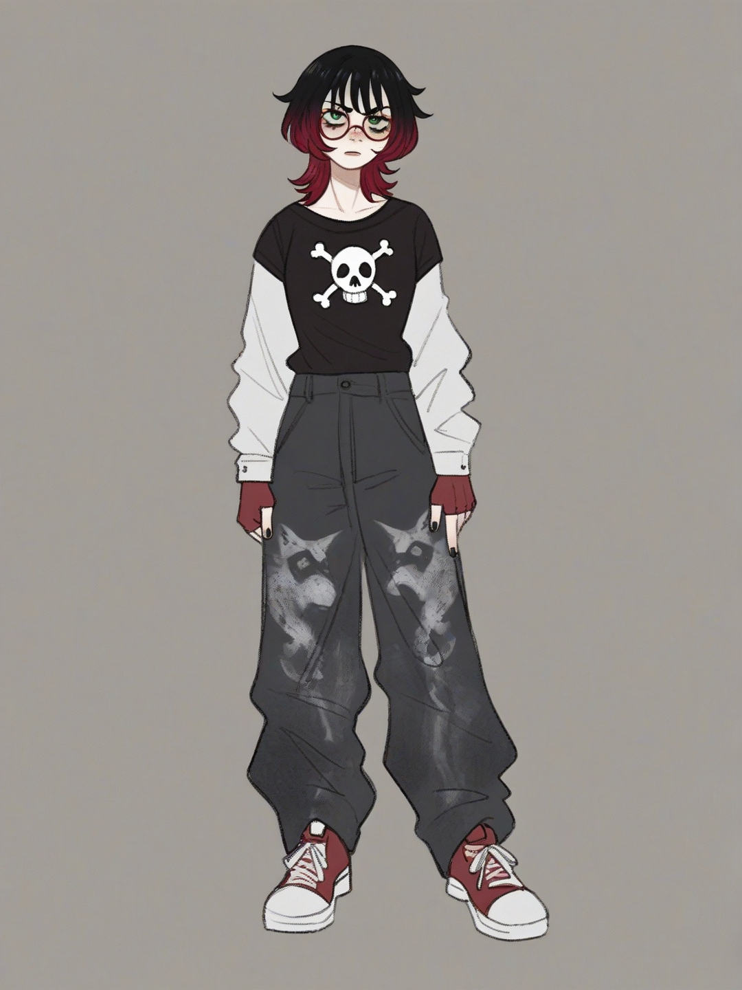 [soft-shaded-moe-style] 1girl, pale skin, freckles, short hair, black hair, red highlights, wolf cut, green eyes, eye bags, glasses, round glasses, layered clothing, black shirt, skull print, white long sleeves, baggy pants, black jeans, red sneakers, fingerless gloves, black gloves, red gloves, one piece oc, single character, full body, looking at viewer, anime style, simple background, white background