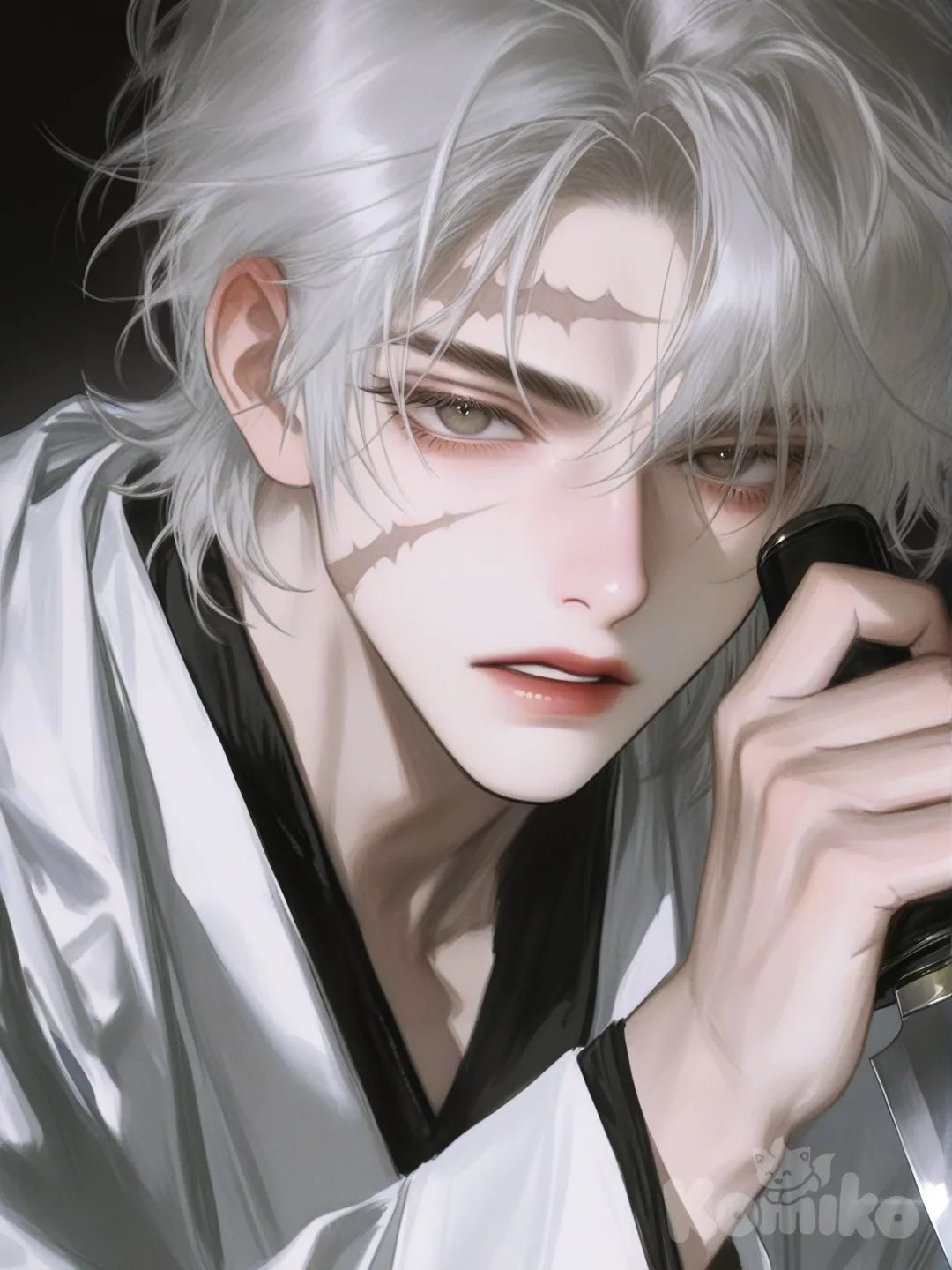 [semi-realistic-portrait-style] hombre de pelo blanco y cicatrices en la cara, vestido con una túnica japonesa y que lleve un cuchillo en la mano cerca del rostro haciendo algo genial pero serio