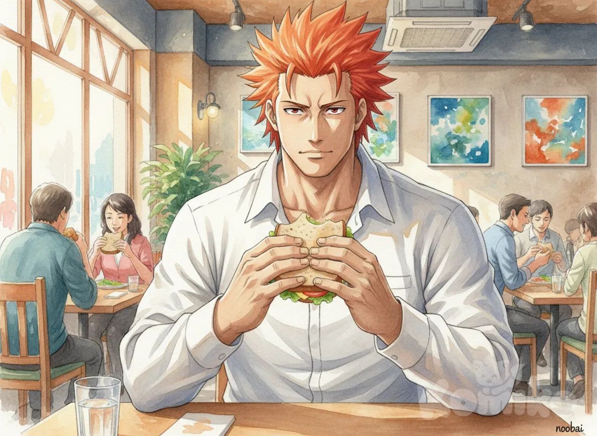 Juugo, vibrant atmosphere, highlights, vibrant color, watercolor (medium), model noobai, eating sandwich, formal shirt, ambient light, restaurant,huge man