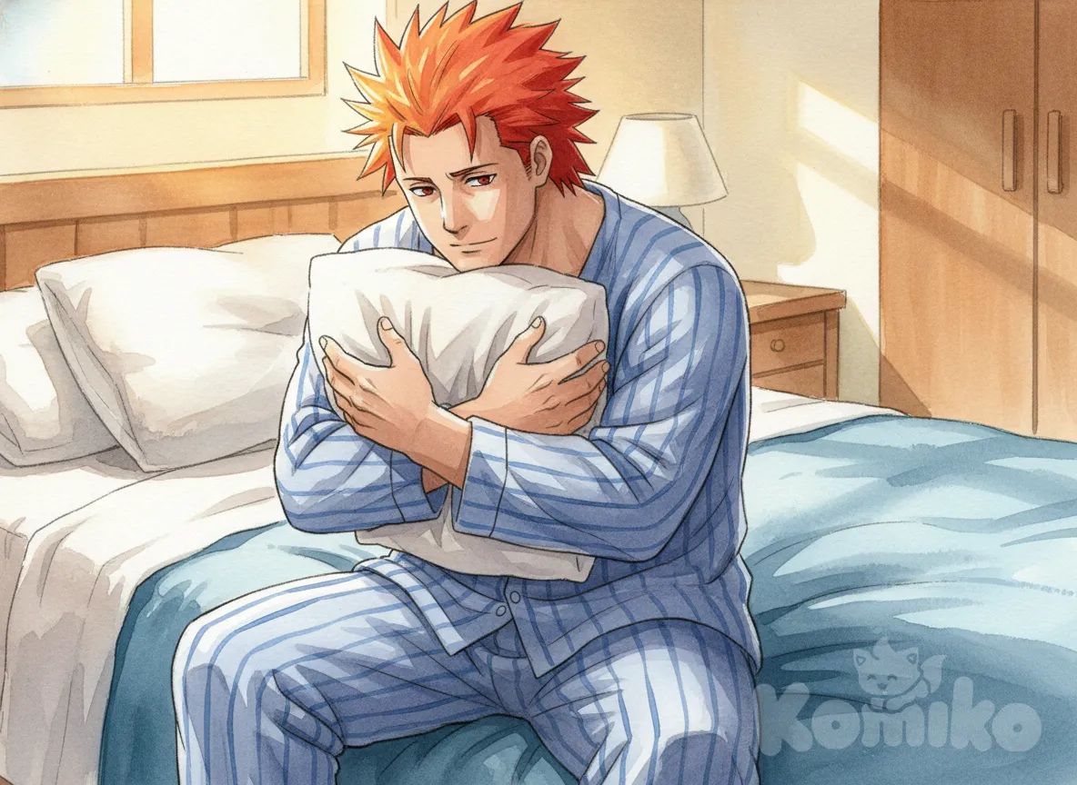 Juugo, vibrant atmosphere, vibrant color, highlights, pillow hug, pajamas, on bed, cinematic lighting,watercolor (medium),huge man
