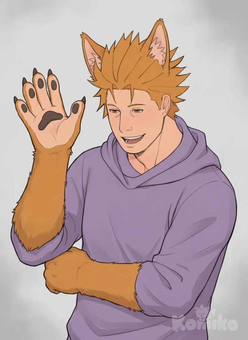 b1766d2d7aa971ffcd05fe22dbec9a38~2, animal hands, animal ears, hood down, waving, upper body,huge man, simple background