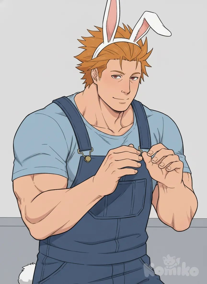 b1766d2d7aa971ffcd05fe22dbec9a38~2, rabbit ears, rabbit pose, overalls, front profile photo, looking at viewer, huge man, upper body