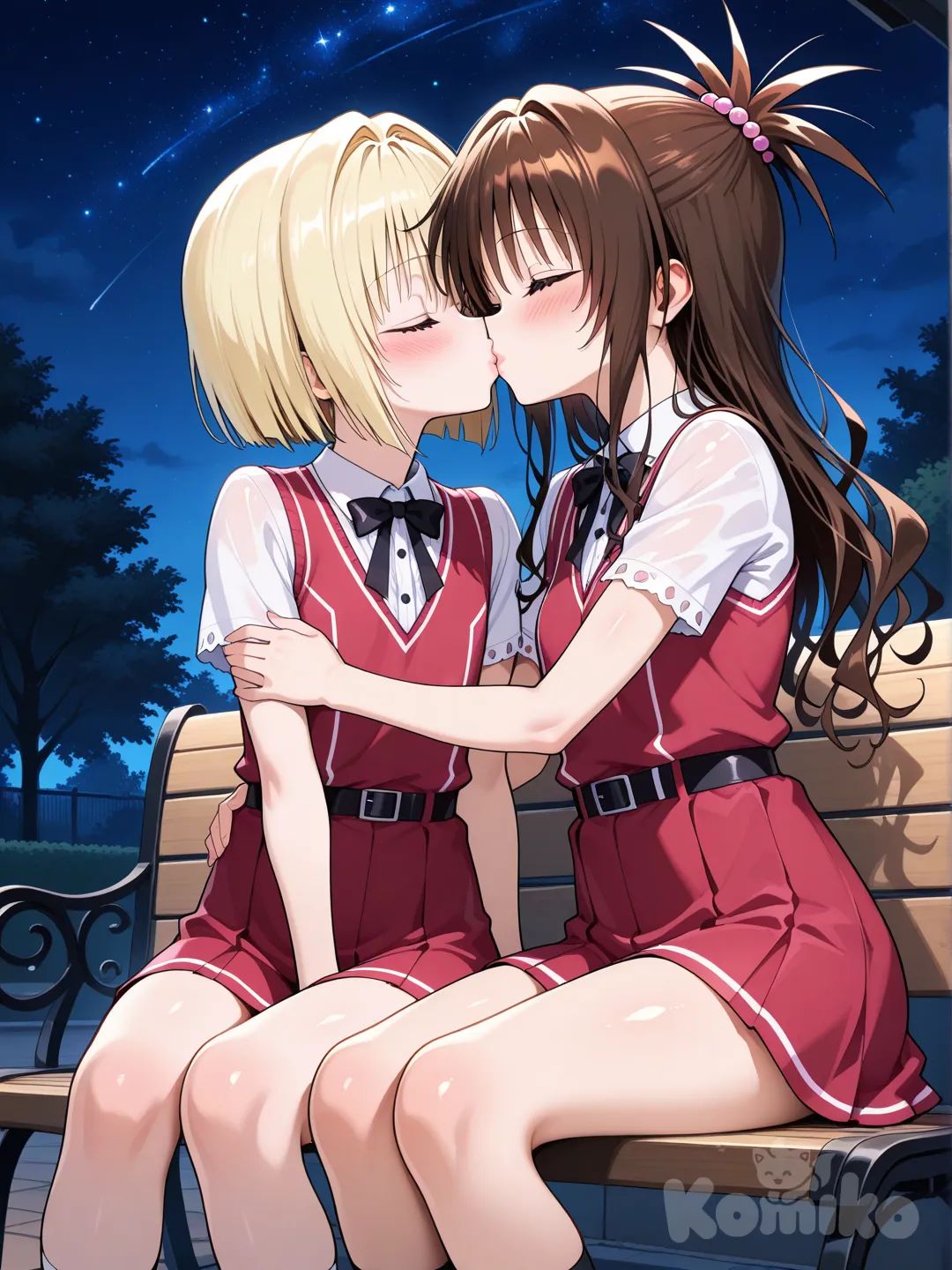 park, night, on bench, kiss, yuuki mikan, gasper vladi, high school dxd, to love-ru, blonde hair, brown hair, loli, shota, otoko no ko, petite, 1girl, 1boy, romance, blush