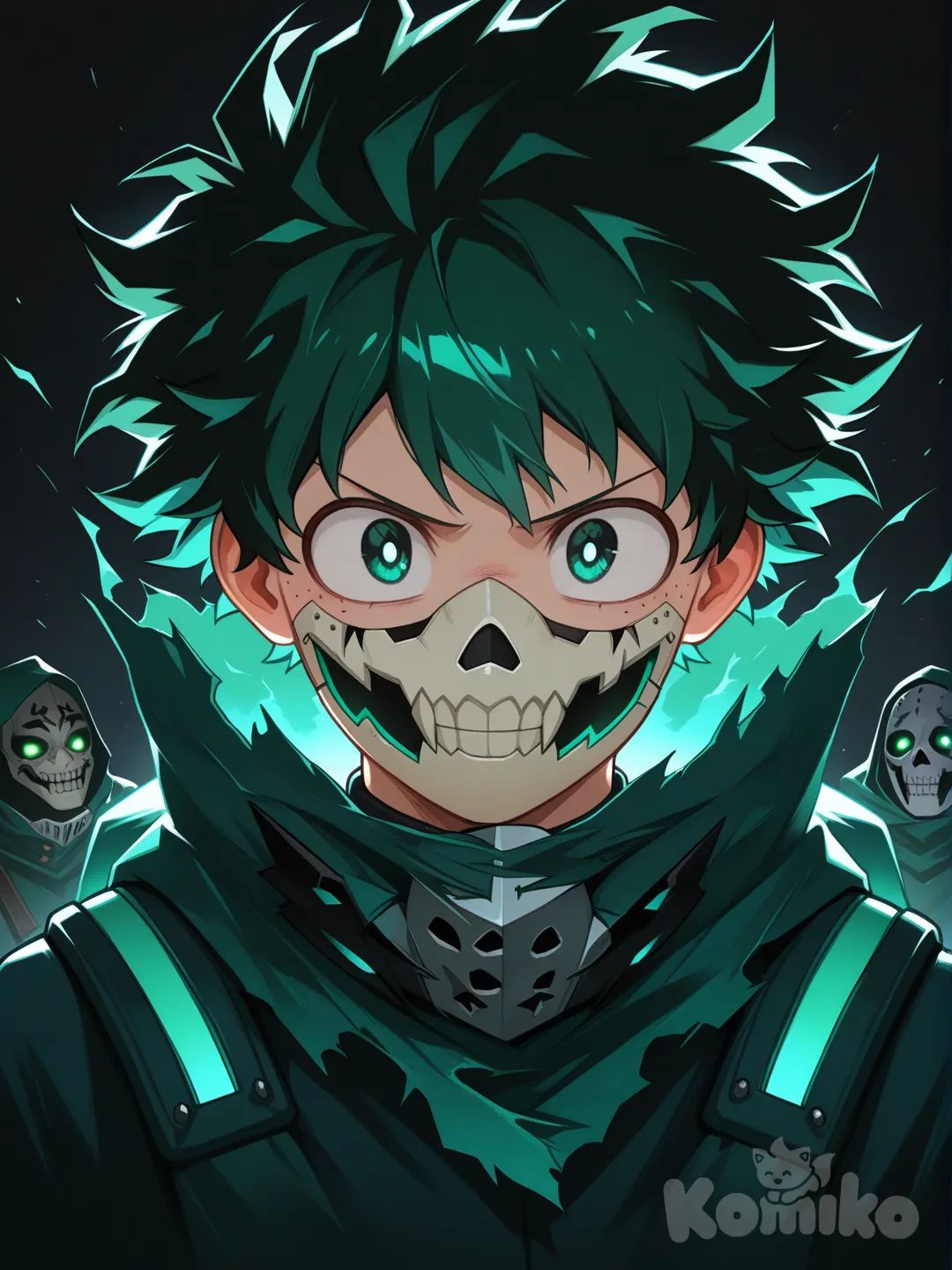 Closeup of Hollow Visored Midoriya with glowing neon green cloak shining in the dark