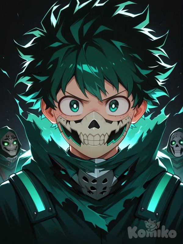 Closeup of Hollow Visored Midoriya with glowing neon green cloak shining in the dark