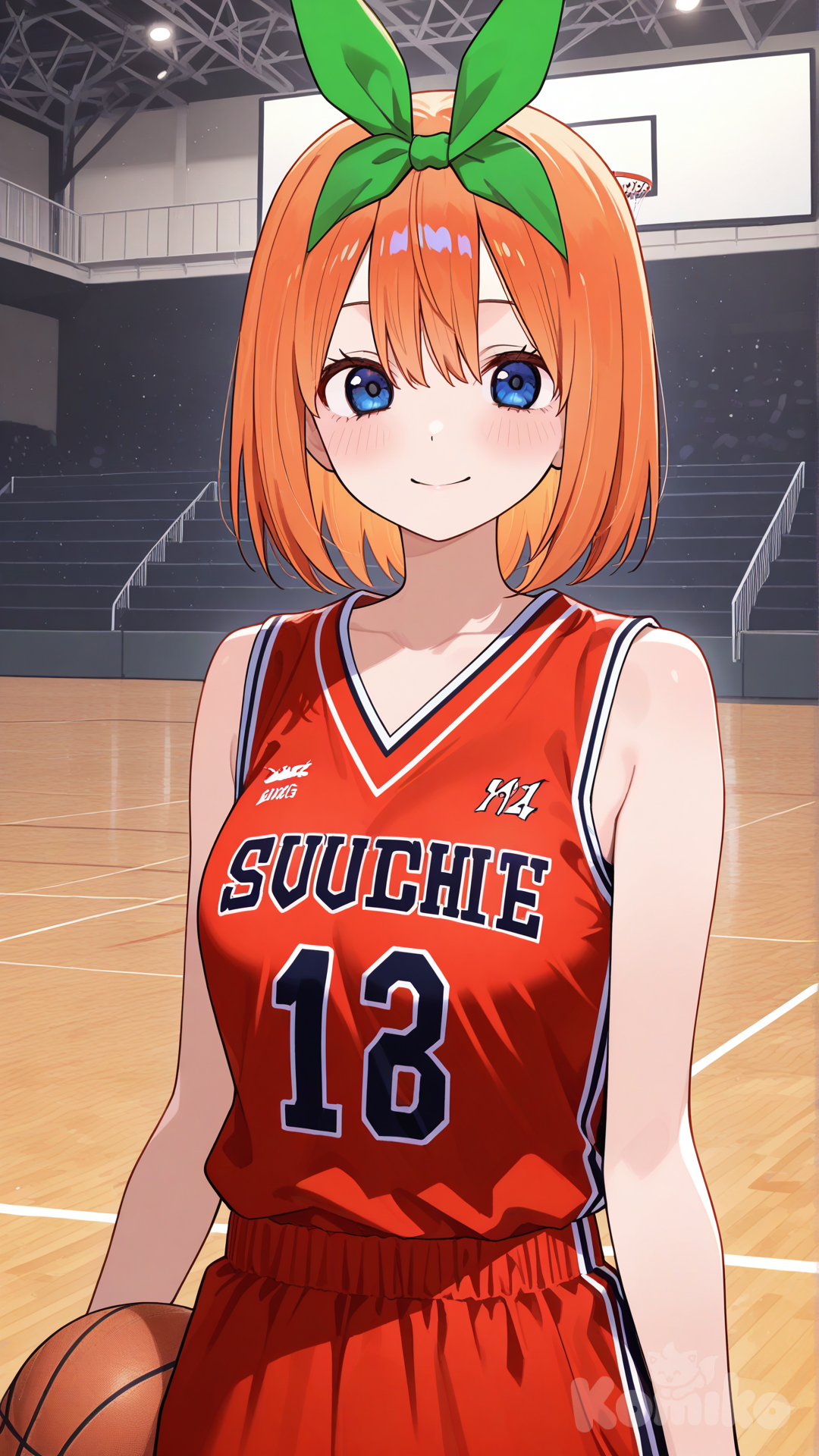 nakano yotsuba, basketball uniform, holding basketball under arm, arm at side, smile, basketball court, upper body, facing viewer