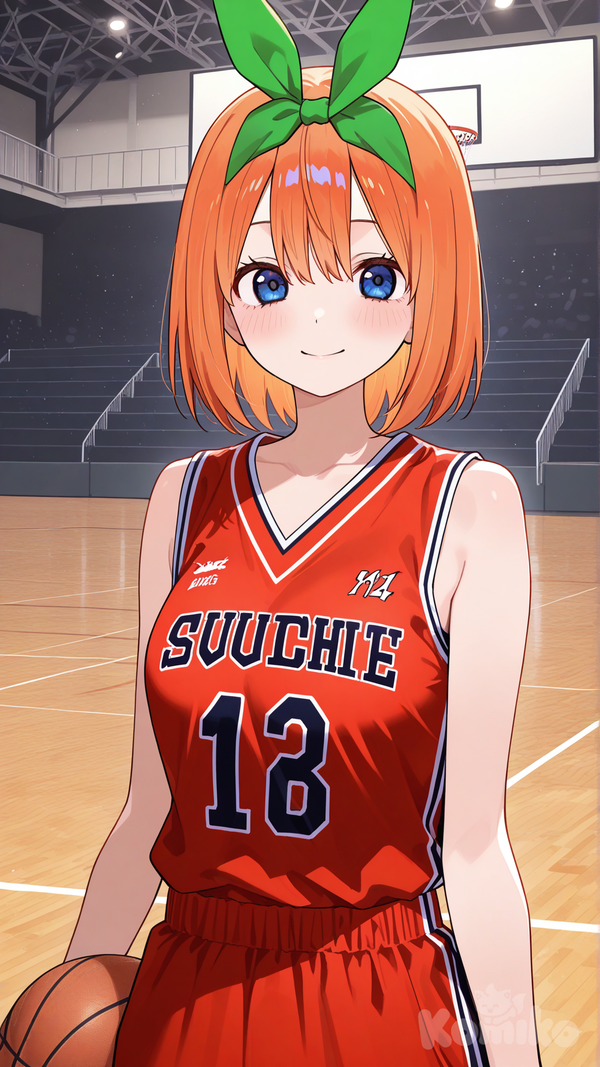 nakano yotsuba, basketball uniform, holding basketball under arm, arm at side, smile, basketball court, upper body, facing viewer