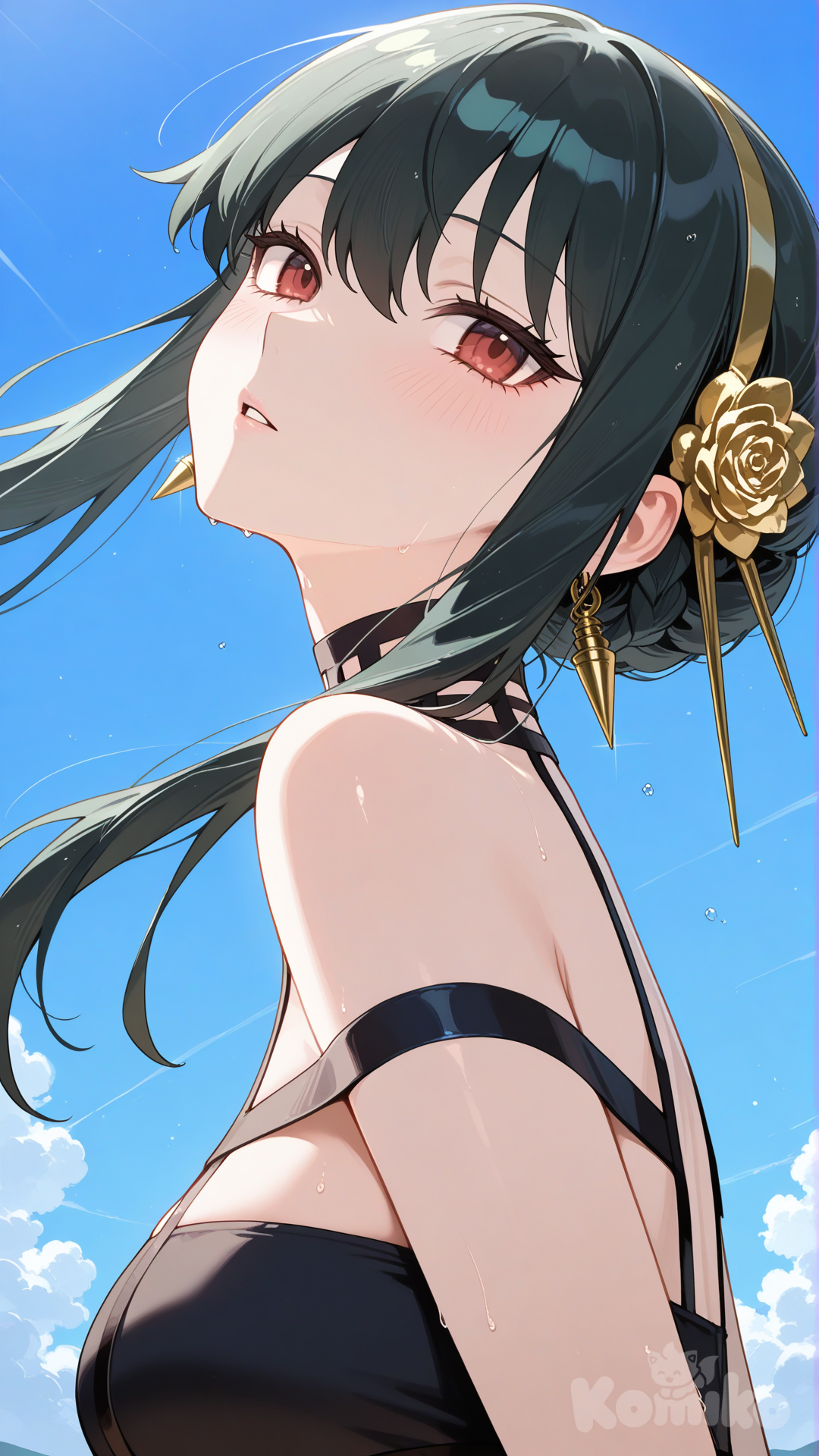 yor briar, black dress, sundress, looking up, outdoors, blue sky, parted lips, upper body