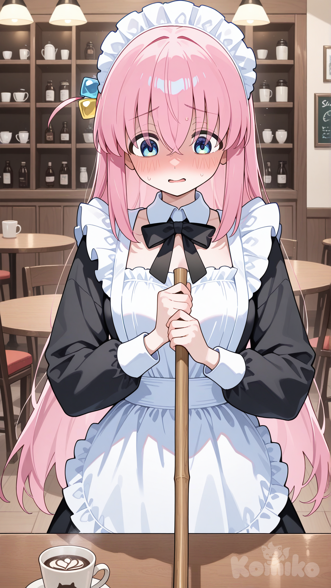 gotoh hitori, maid apron, maid headdress, cleaning, holding broom, cafe, looking down, embarrassed, upper body