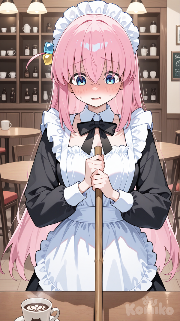 gotoh hitori, maid apron, maid headdress, cleaning, holding broom, cafe, looking down, embarrassed, upper body