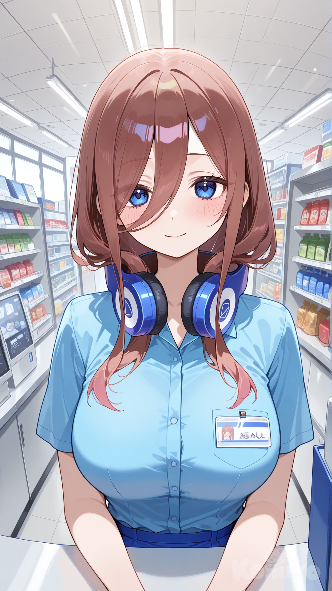 nakano miku, cashier, convenience store, employee uniform, behind counter, light smile, looking at viewer, facing viewer, upper body