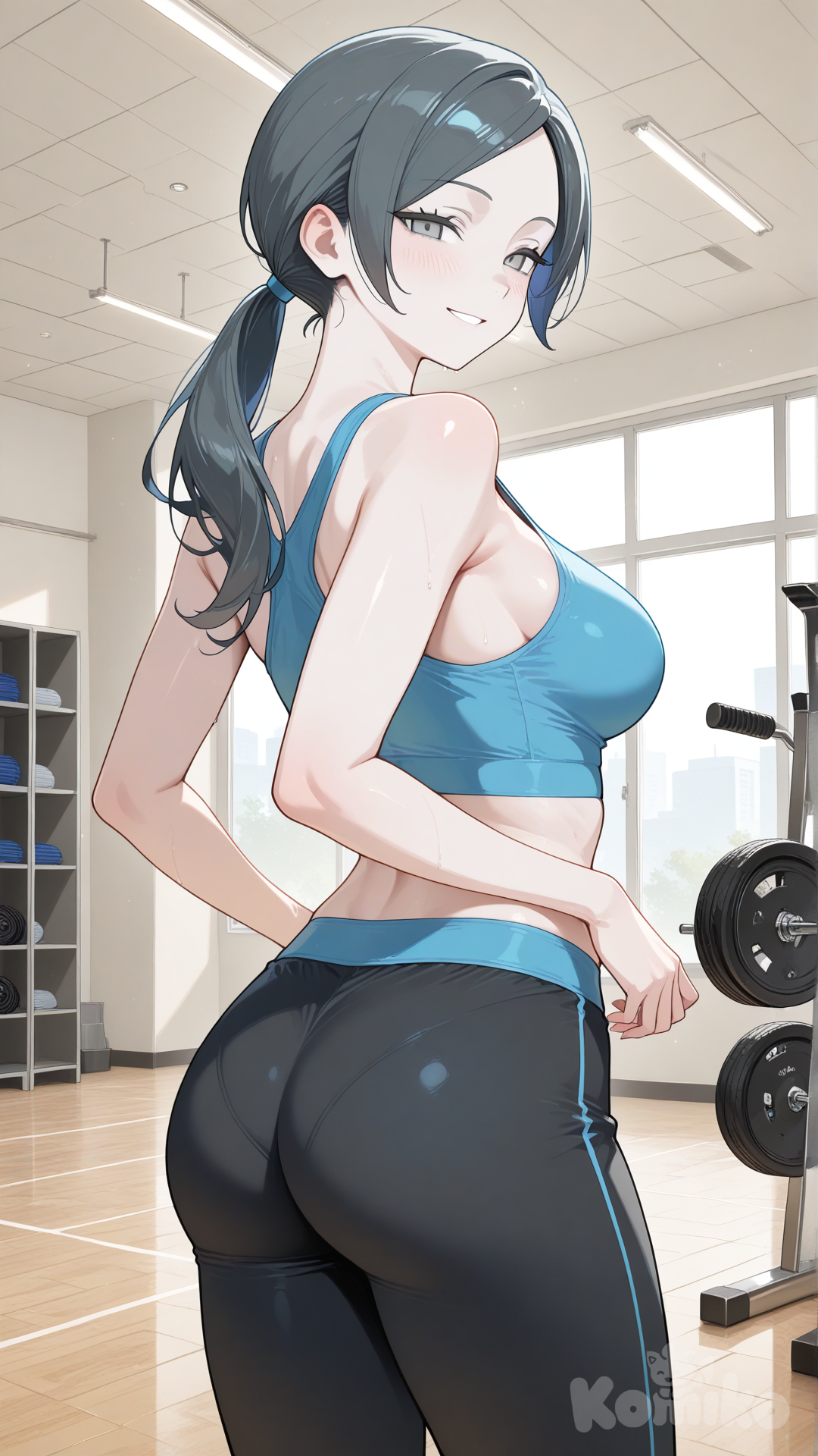 wii fit trainer, sportswear, back, gym, looking at viewer, smile, half-closed eyes, standing