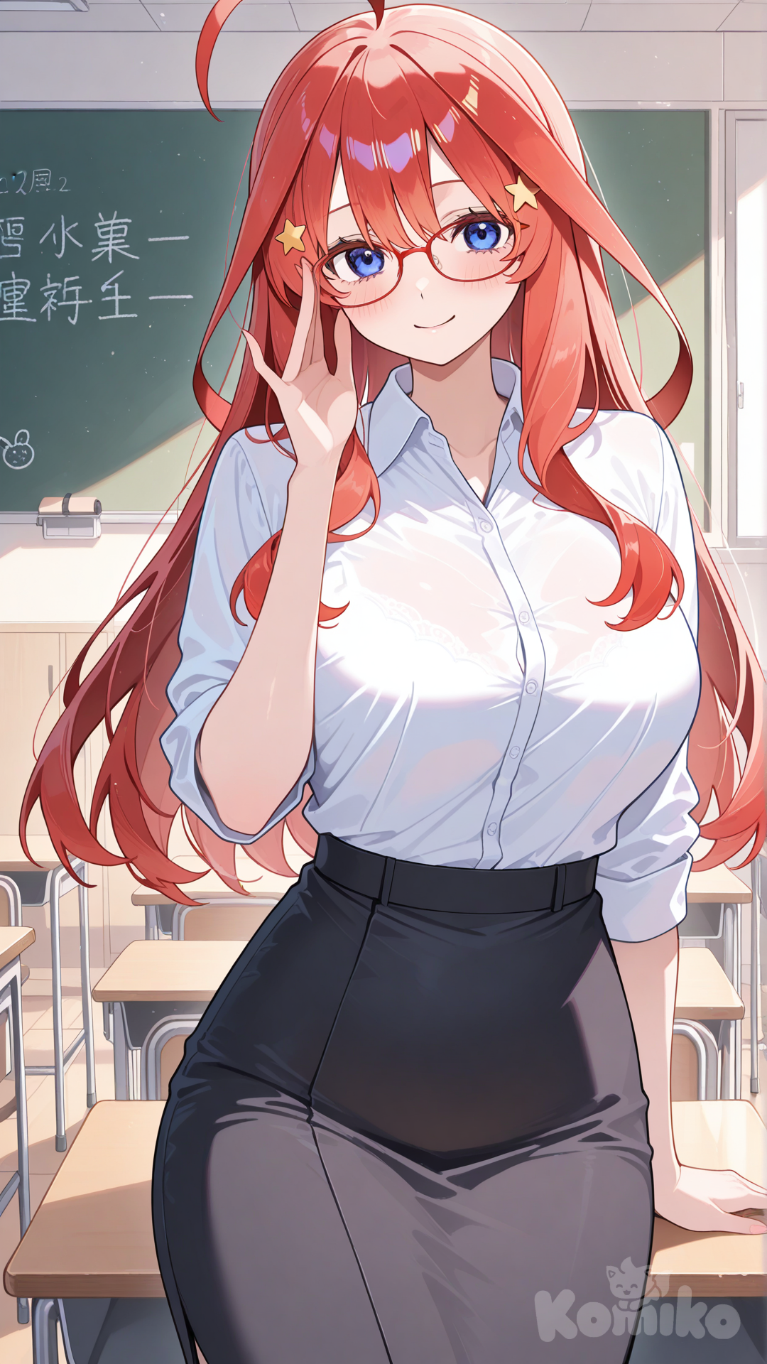 nakano itsuki, teacher, glasses, classroom, smile, looking at viewer, dress shirt, black skirt, adjusting eyewear, arm at side