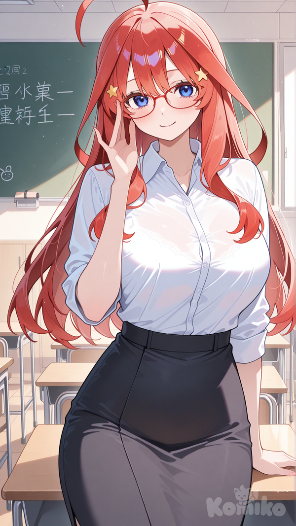 nakano itsuki, teacher, glasses, classroom, smile, looking at viewer, dress shirt, black skirt, adjusting eyewear, arm at side