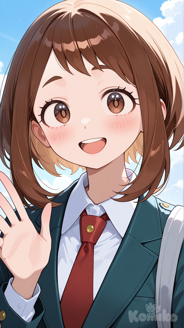 uraraka ochaco, school uniform, smile, waving, open mouth, upper teeth only, upper body, facing viewer