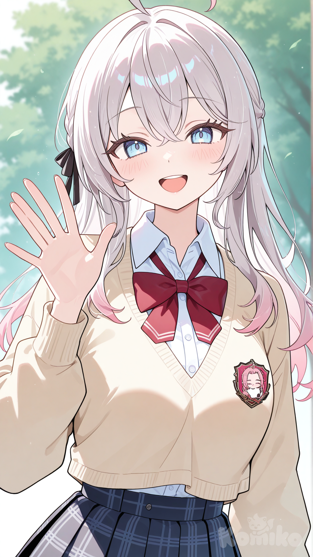alisa mikhailovna kujou, school uniform, smile, waving, open mouth, upper teeth only, upper body, facing viewer