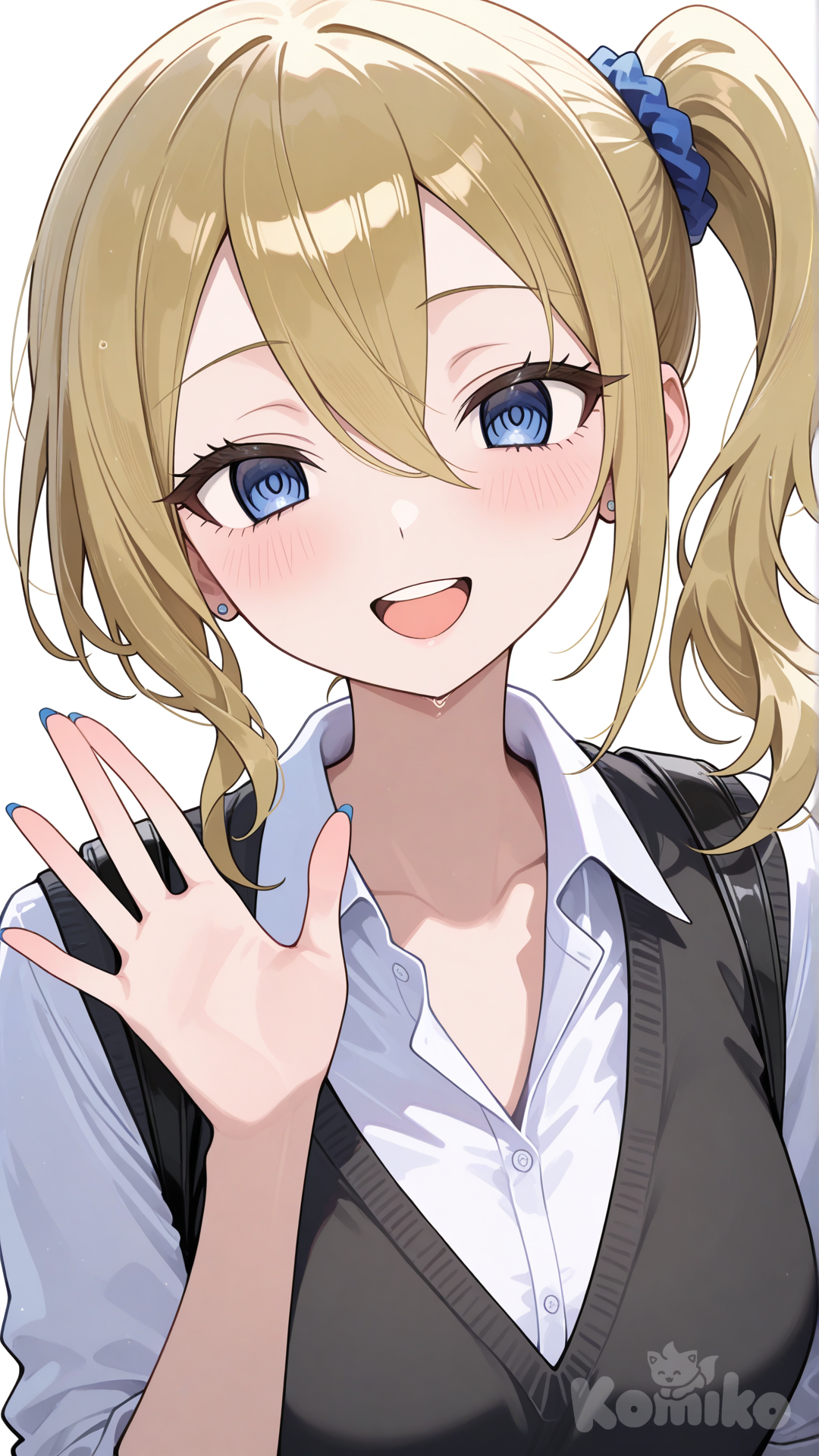 hayasaka ai, school uniform, smile, waving, open mouth, upper teeth only, upper body, facing viewer