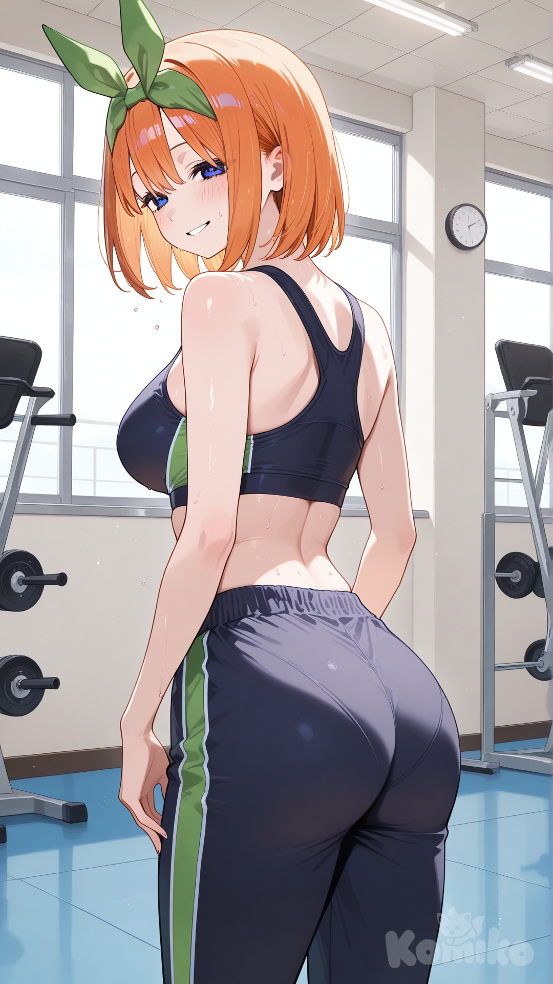 nakano yotsuba, sportswear, back, gym, looking at viewer, smile, half-closed eyes, standing, track pants