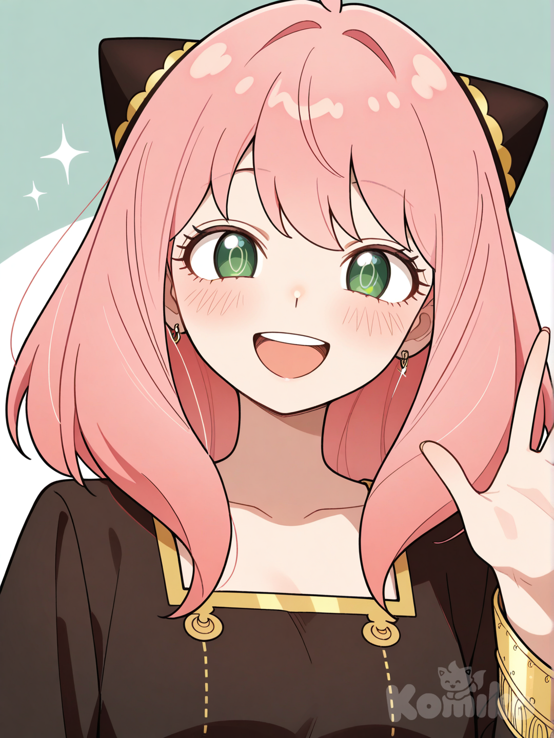 anya (spy x family), aged up, smile, waving, open mouth, upper teeth only, upper body, facing viewer