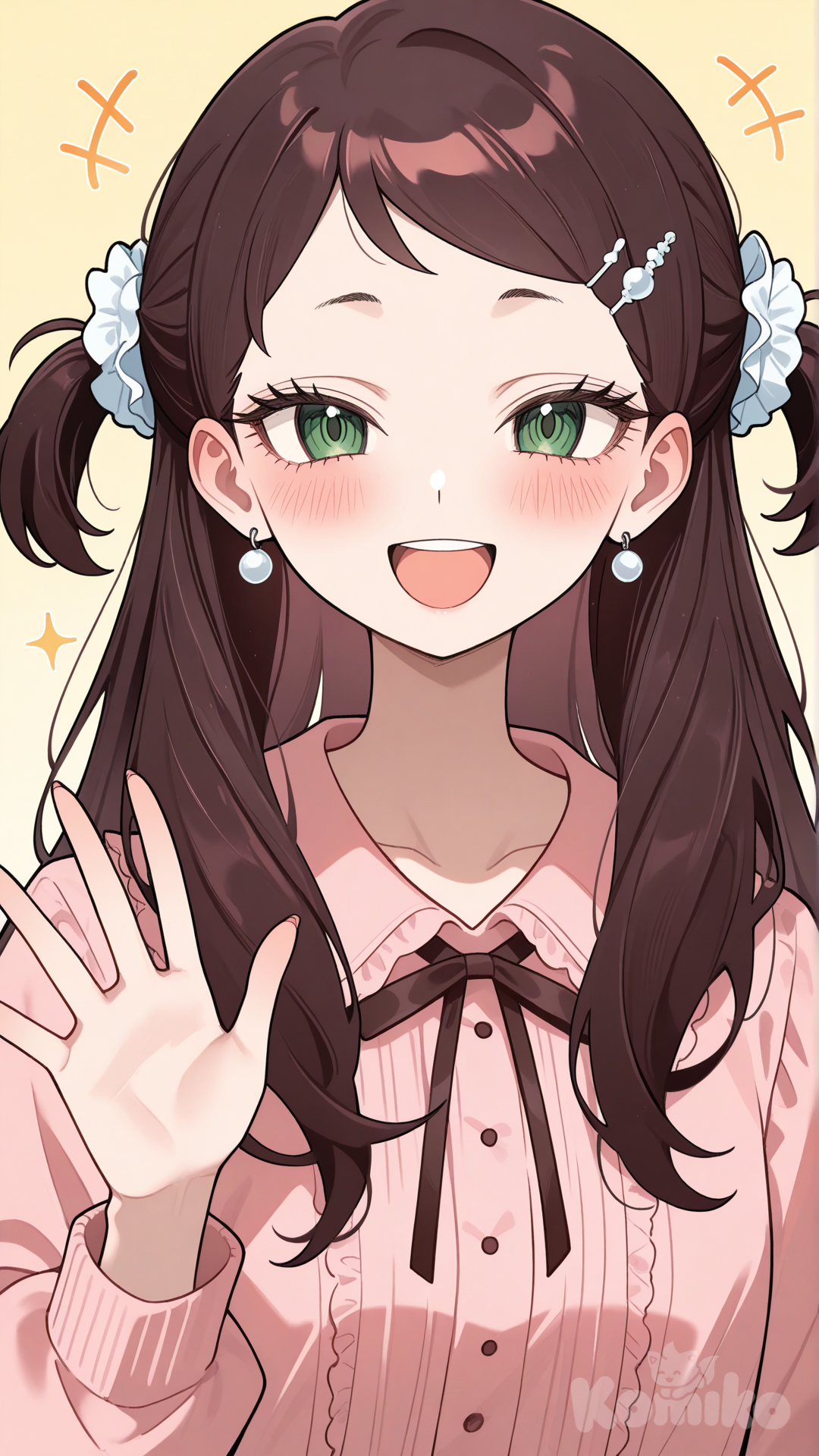becky blackbell (spy x family), aged up, smile, waving, open mouth, upper teeth only, upper body, facing viewer