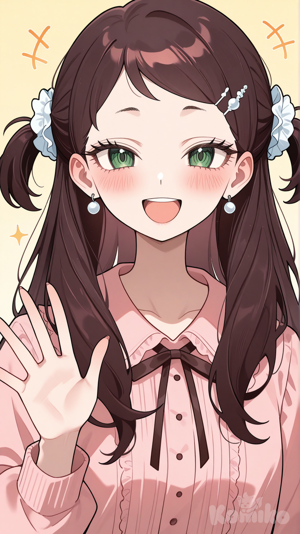 becky blackbell (spy x family), aged up, smile, waving, open mouth, upper teeth only, upper body, facing viewer