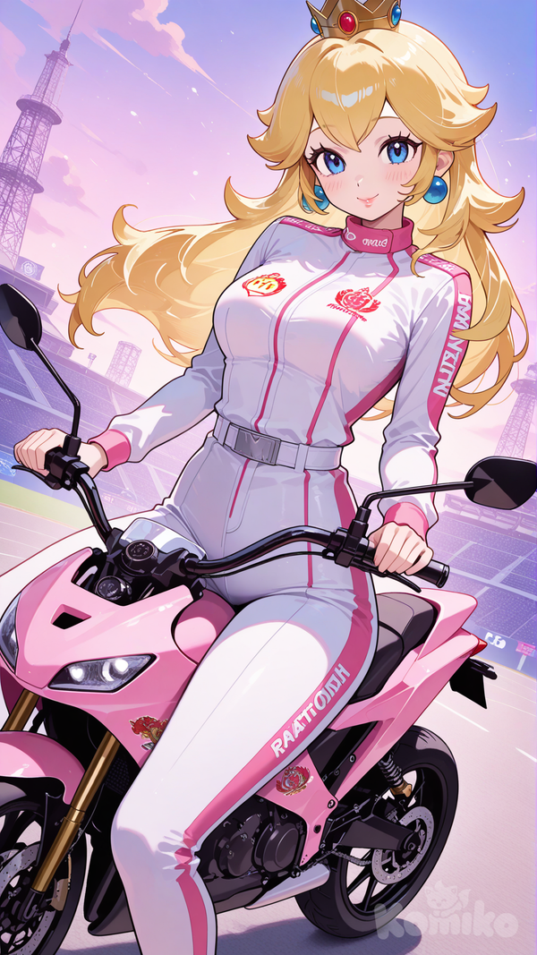 princess peach, mario kart, official alternate costume, on motorcycle, looking at viewer, dutch angle, smile