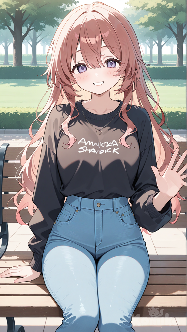 inui shinju, casual, black shirt, jeans, sitting on bench, outdoors, waving