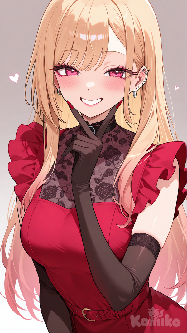 kitagawa marin, upper body, red dress, smile, facing viewer, hair down, black gloves, elbow gloves
