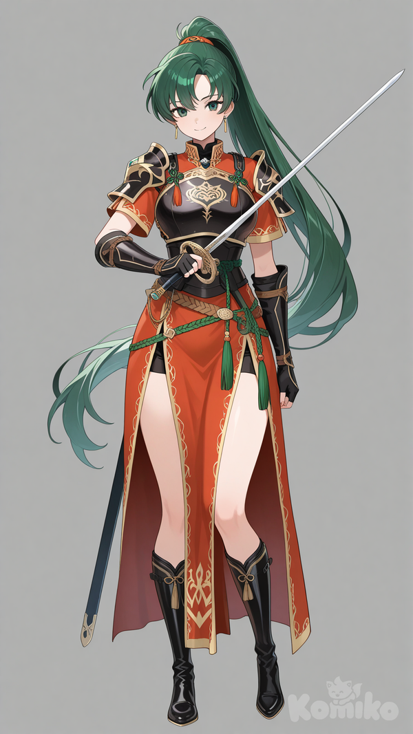lyn (fire emblem), standing, full body, official alternate costume, smile, holding sword