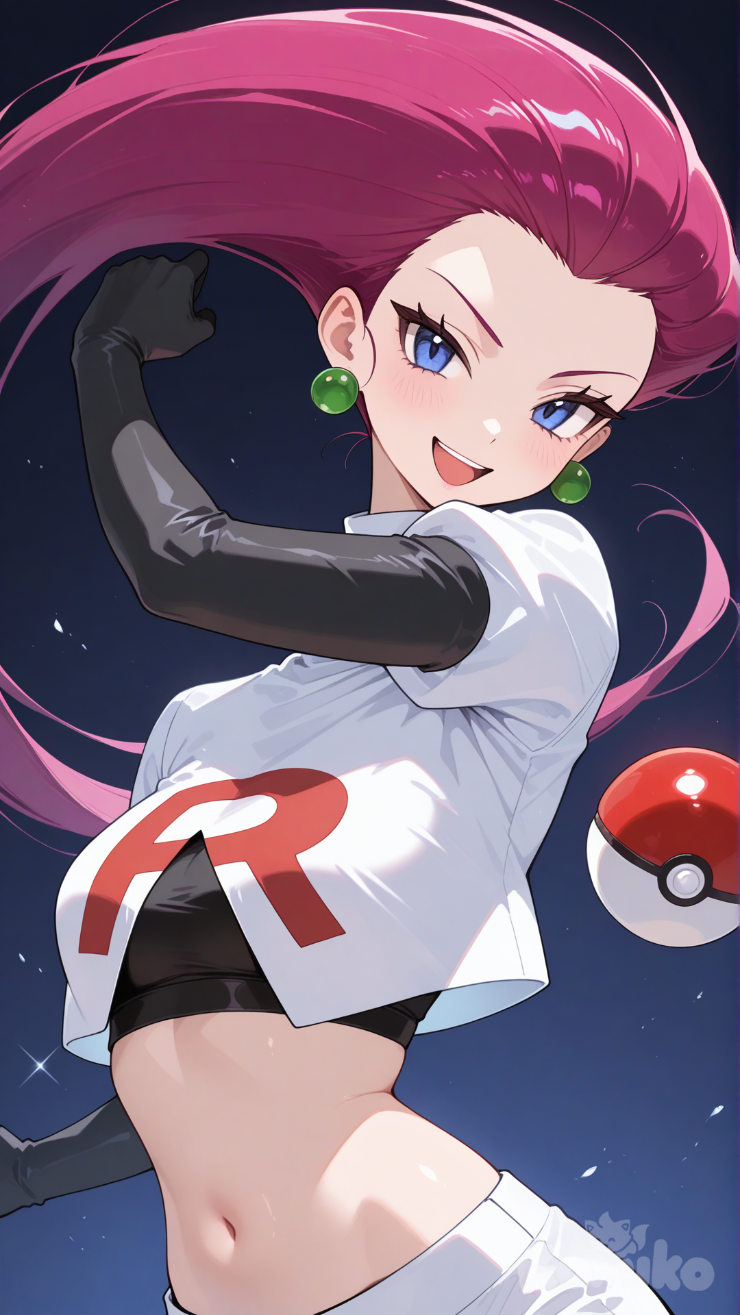 jessie (pokemon), team rocket uniform, poke ball, throwing pokeball, smile, upper teeth only, upper body