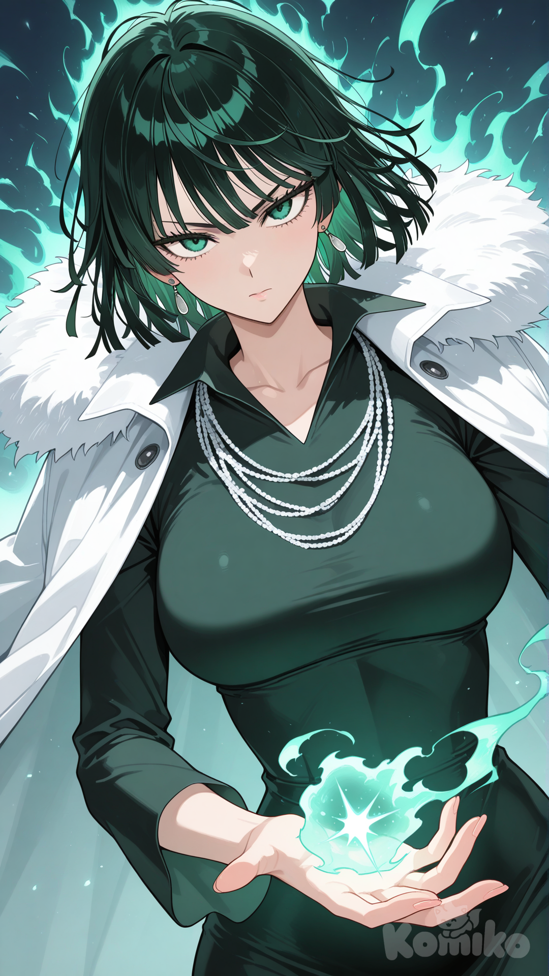 fubuki (one-punch man), upper body, flying, telekinesis, serious, facing viewer