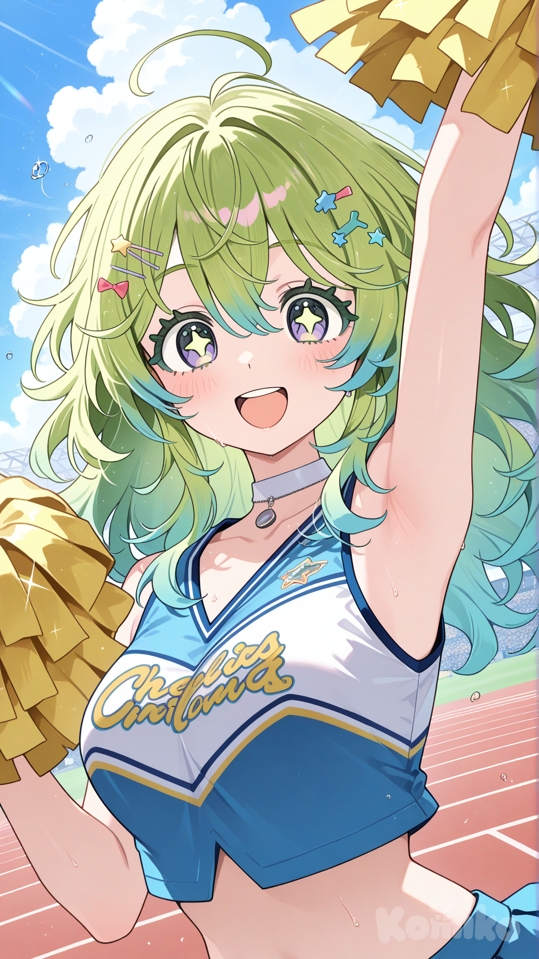 hagakure tooru, cheerleader, official style, cheering, smile, upper teeth only, upper body