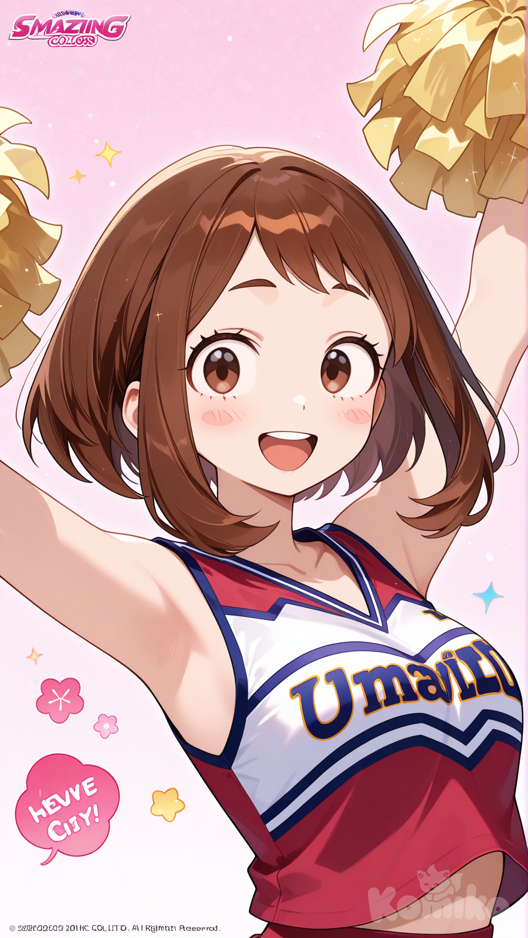 uraraka ochaco, cheerleader, official style, cheering, smile, upper teeth only, upper body
