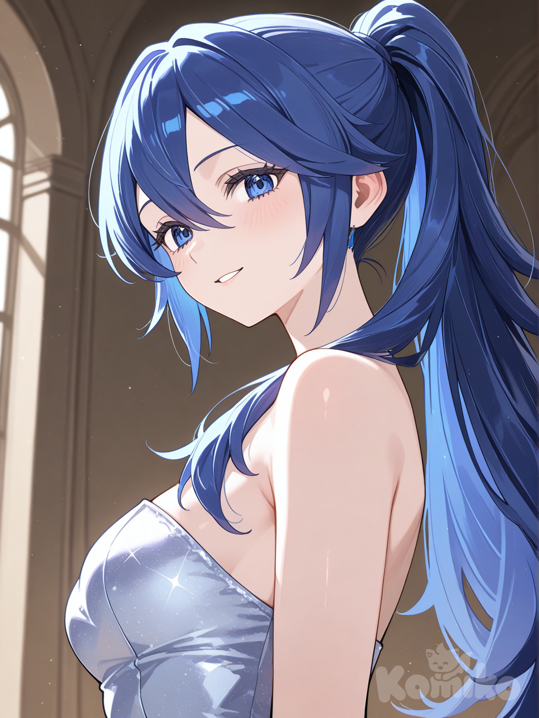 lucina (fire emblem), silver dress, strapless dress, ponytail, smile, looking at viewer, from side, from below, upper body