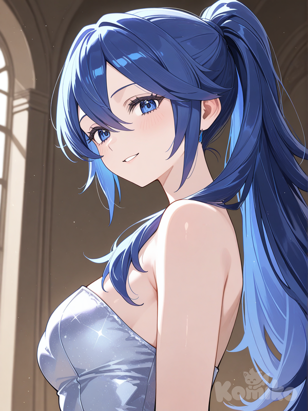 lucina (fire emblem), silver dress, strapless dress, ponytail, smile, looking at viewer, from side, from below, upper body