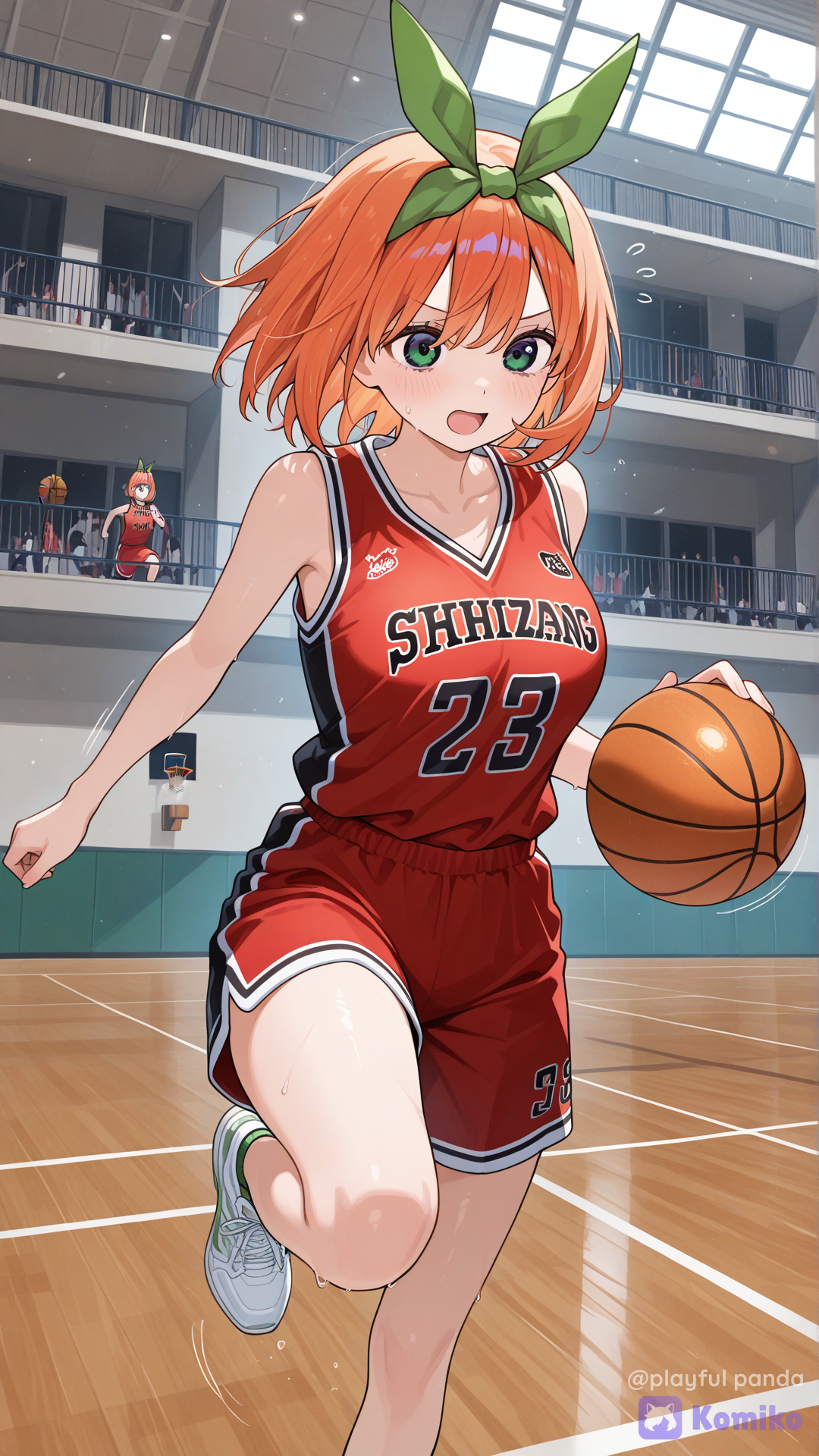 nakano yotsuba, dribbling basketball, basketball court, running, flying sweatdrops