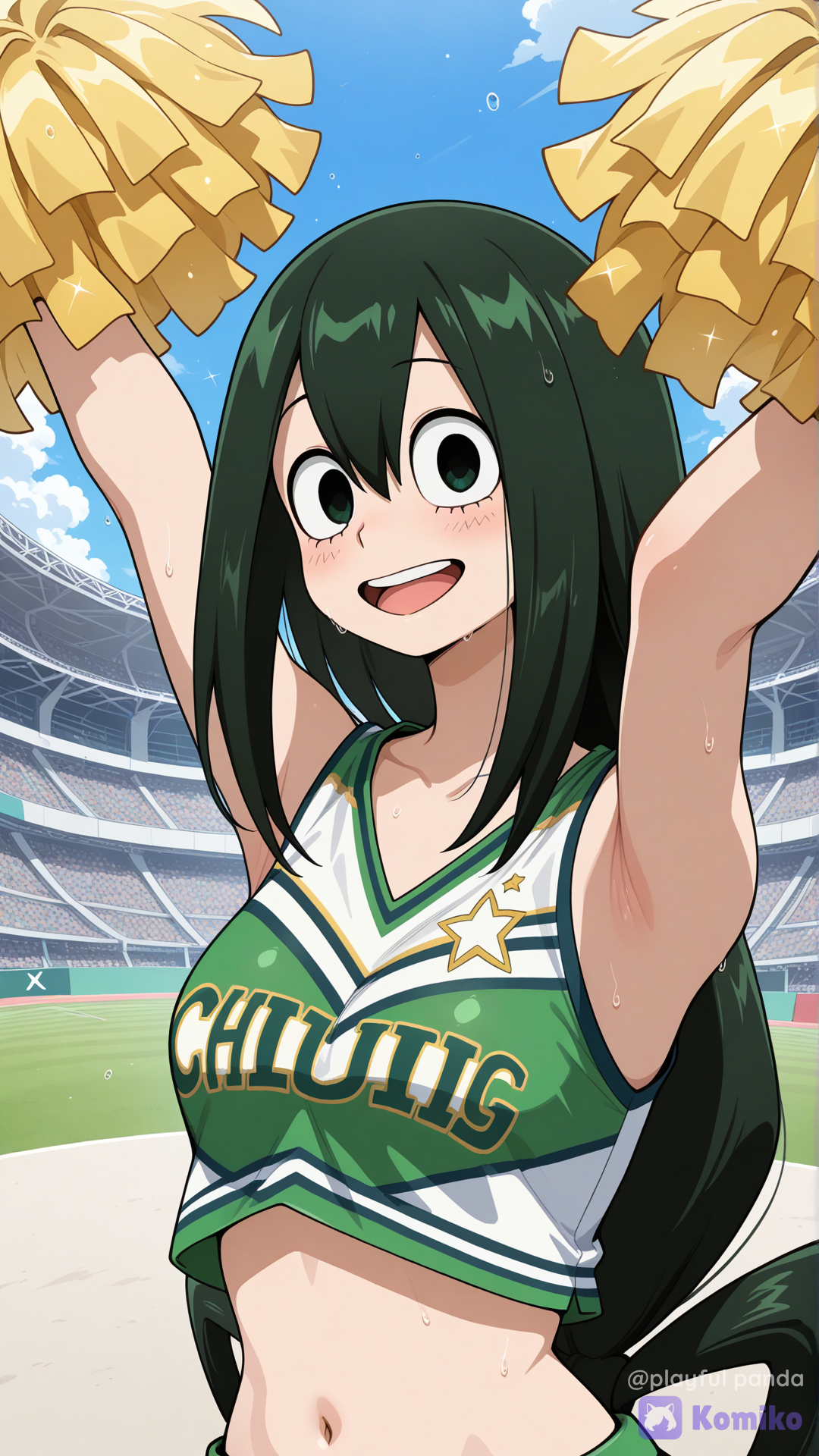 asui tsuyu, cheerleader, official style, cheering, smile, upper teeth only, upper body