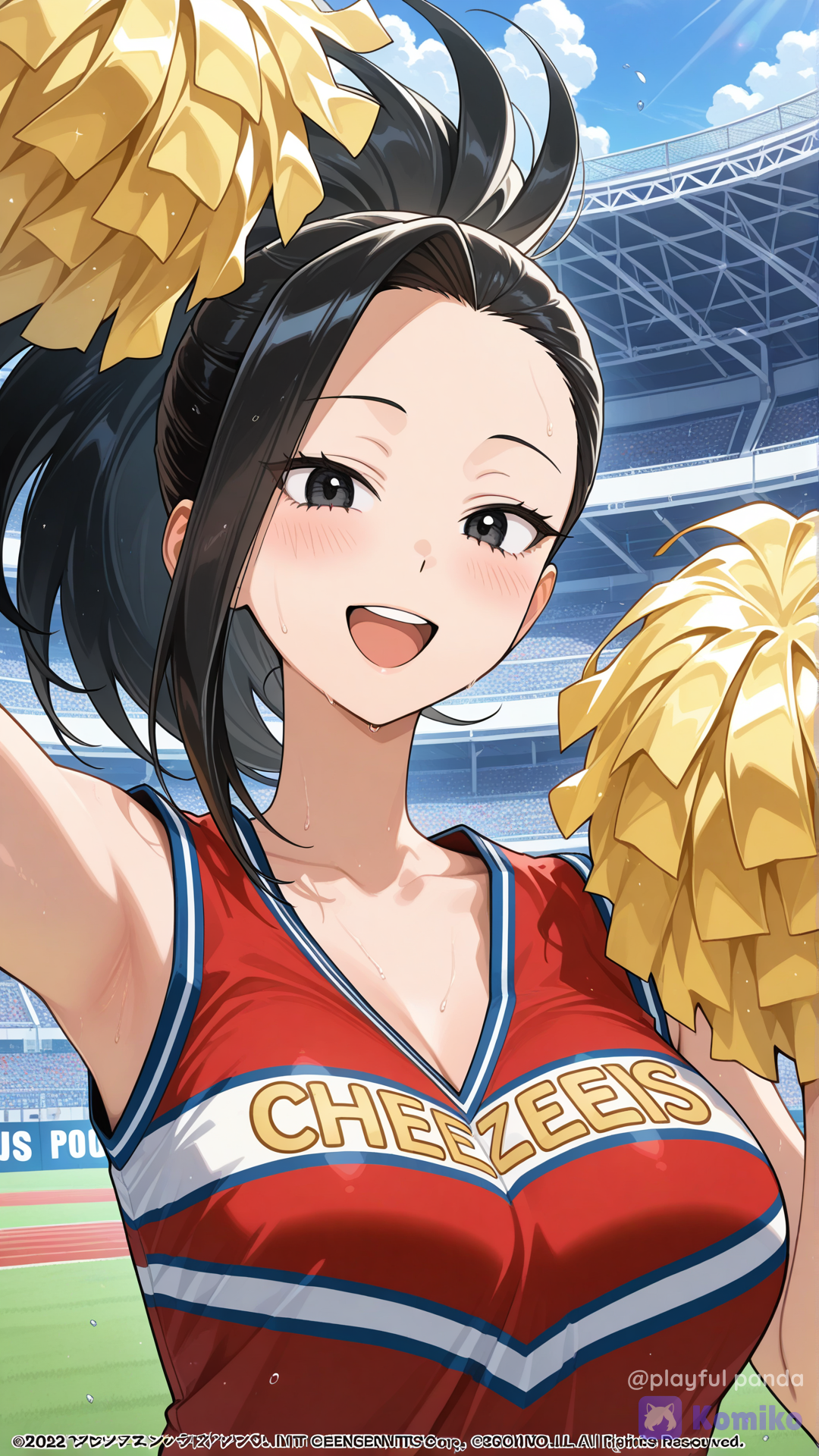 yaoyorozu momo, cheerleader, official style, cheering, smile, upper teeth only, upper body