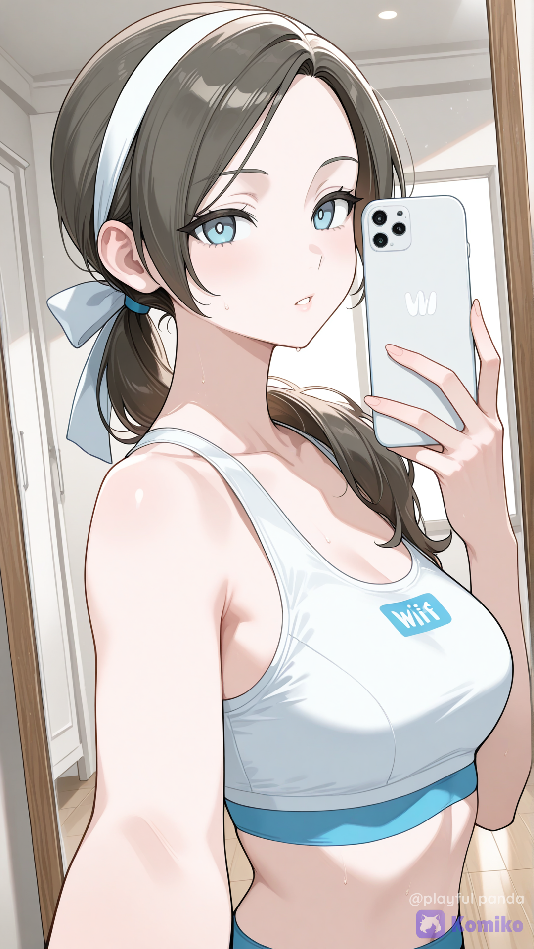 wii fit trainer, upper body, parted lips, looking at mirror, selfie, arm at side, gym clothes