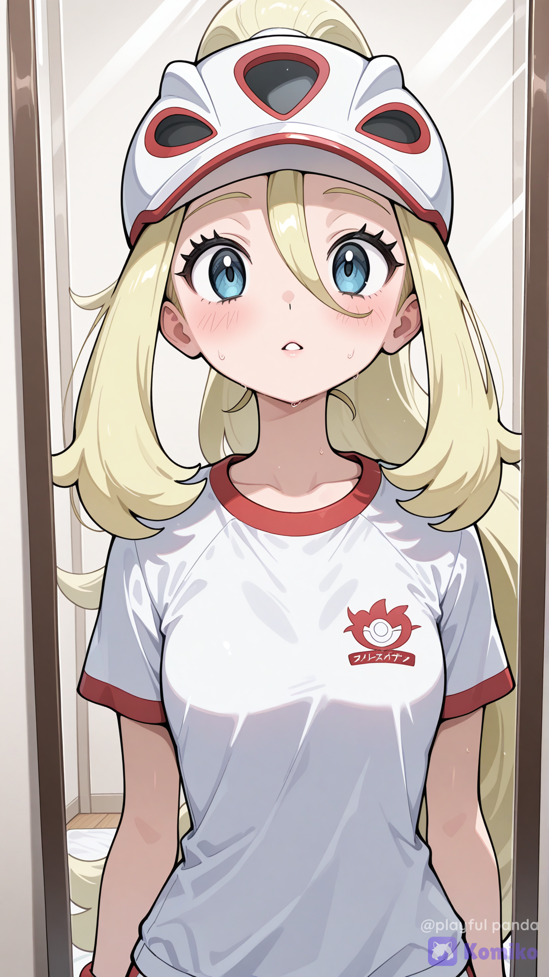 korrina (pokemon), upper body, parted lips, looking at mirror, arm at side, gym clothes