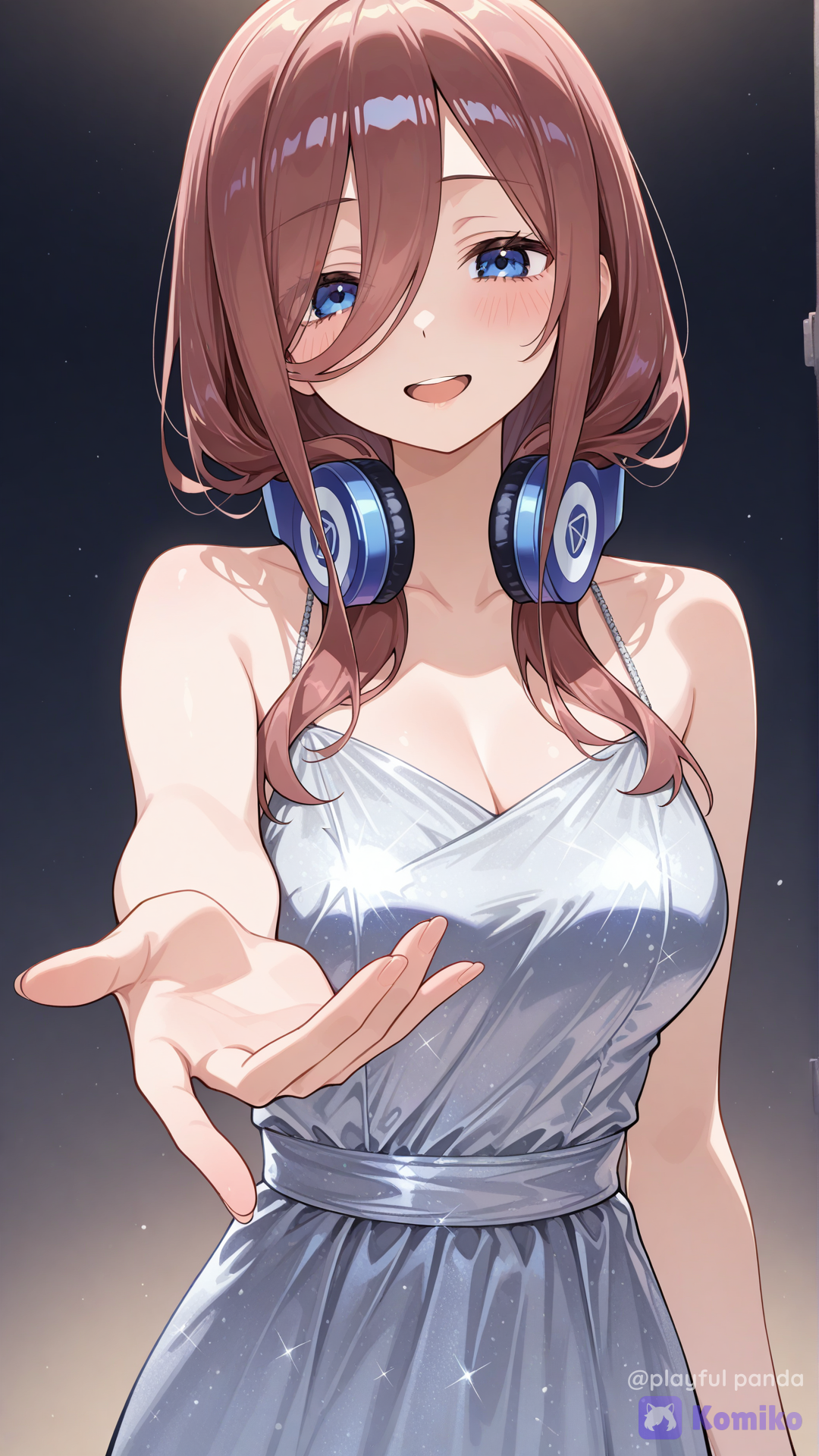 nakano miku, silver dress, sleeveless dress, reaching towards viewer, looking at viewer, upper body, smile, upper teeth only, beckoning, arm at side, facing viewer, slight angle, collarbone