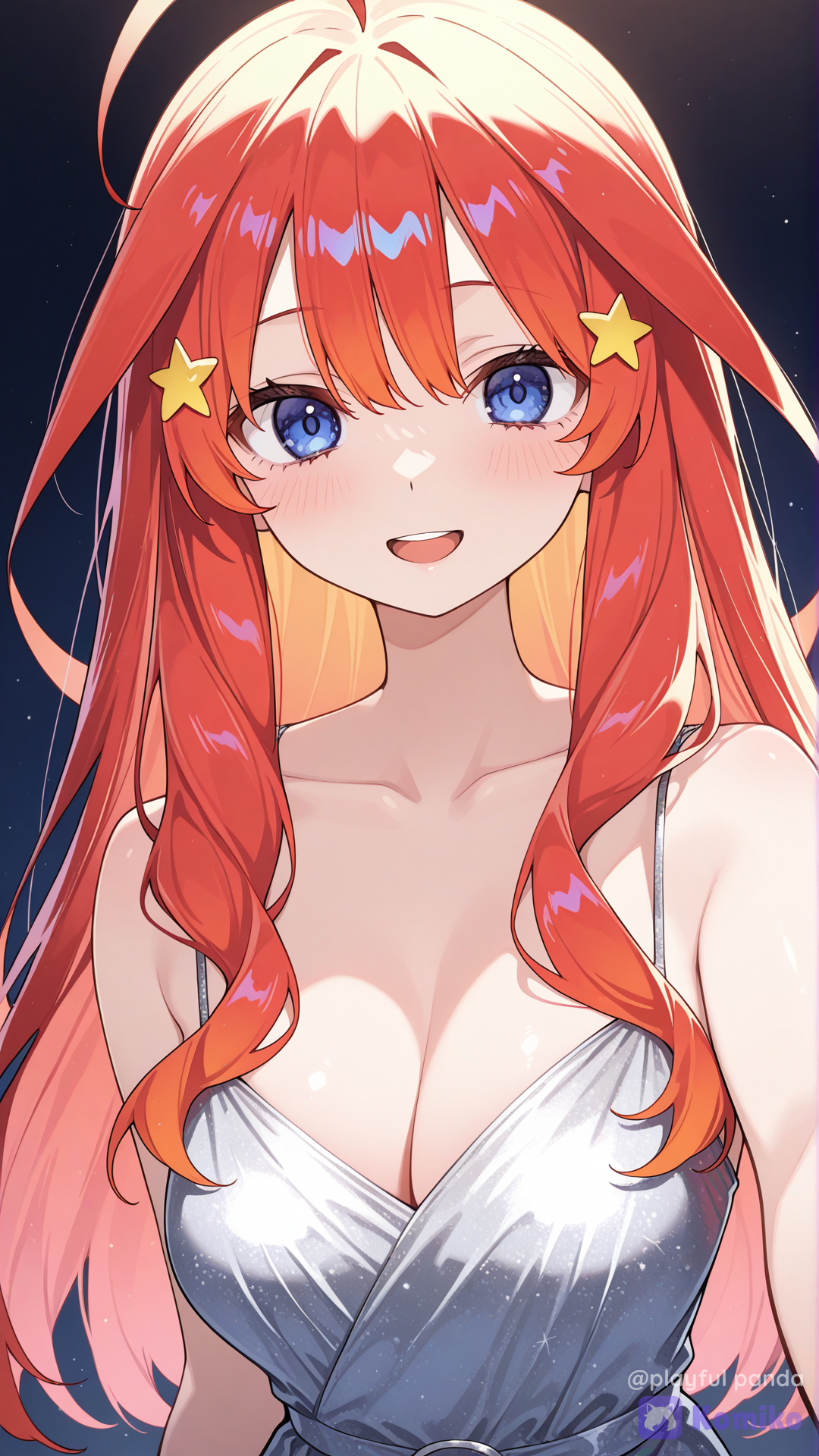 nakano itsuki, silver dress, sleeveless dress, reaching towards viewer, looking at viewer, upper body, smile, upper teeth only, beckoning, arm at side, facing viewer, slight angle, collarbone