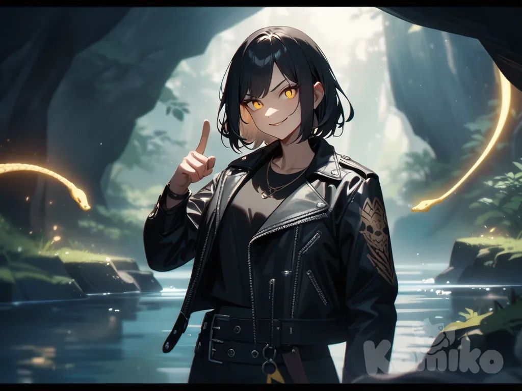 Woman, Naga, upper body human, lower body snake, half human half serpent, long black hair, yellow glowing eyes, soft shadow, pointing at viewer, smirk, punk leather jacket, wide shot, cinematic lighting, forest, cave, lake