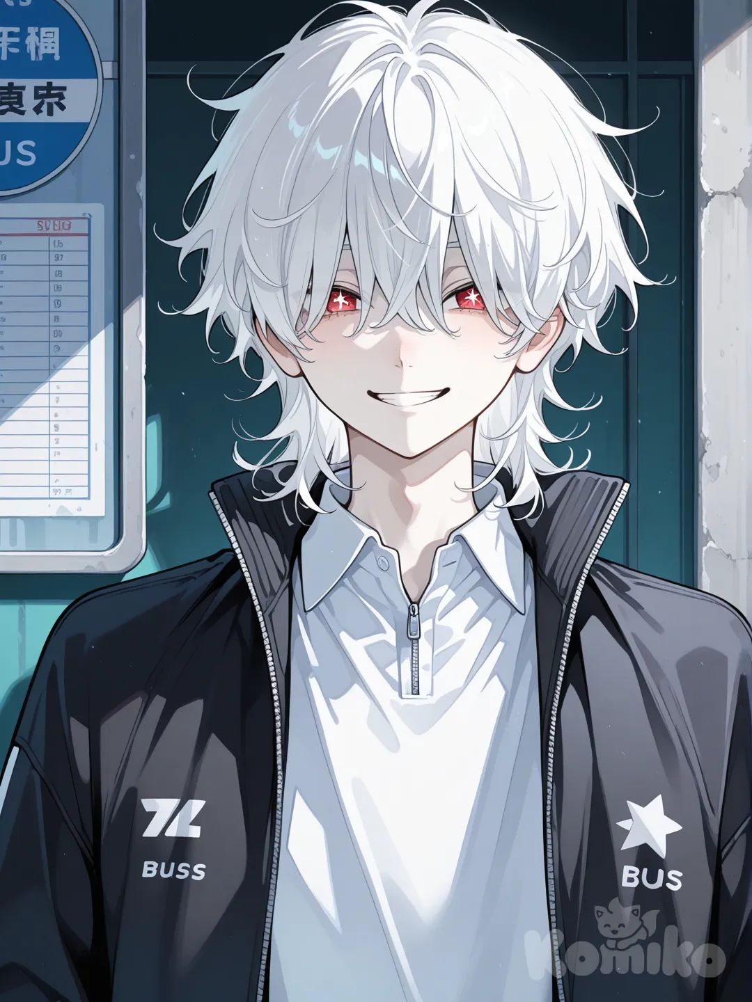 young adult man, fair-skinned, He has messy, medium-length white hair with long bangs that often cover his eyes, intense red eyes with black pupils in the shape of an eight-pointed star (thin lines that create the design). This detail gives him a mystical and unique air, but it is rarely seen in its entirety due to the bangs. He almost always has a confident and charismatic smile, and wears a simple white shirt covered by a black zip-up jacket with an open high collar—a modern and practical style, conveying energy and determination., bus stop, upper body, haikyuu!! art style