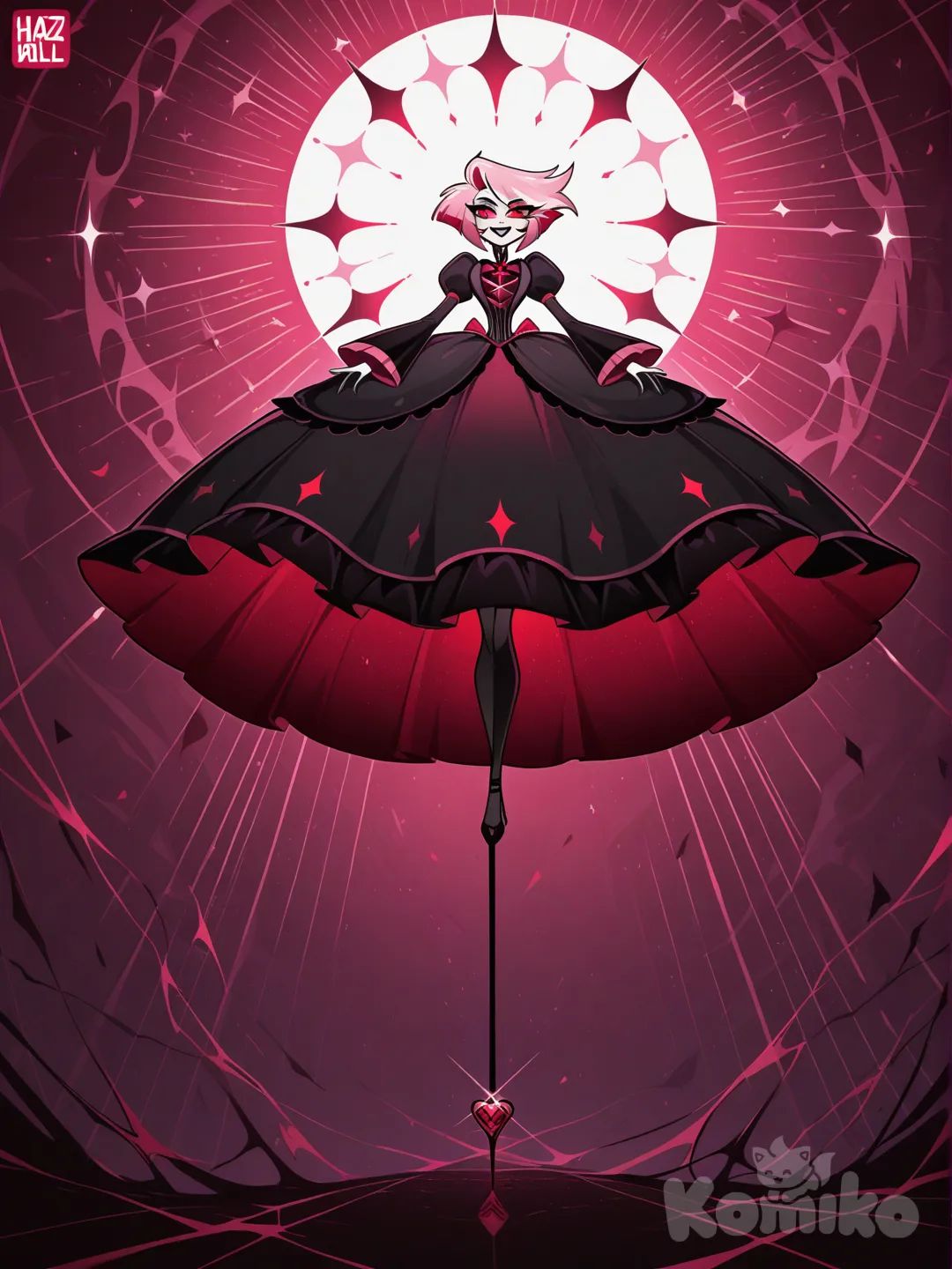 female, short pink hair, red eyes, white skin, black clothes, hazbin hotel, piercing, unusual clothes, ultra-wide shot